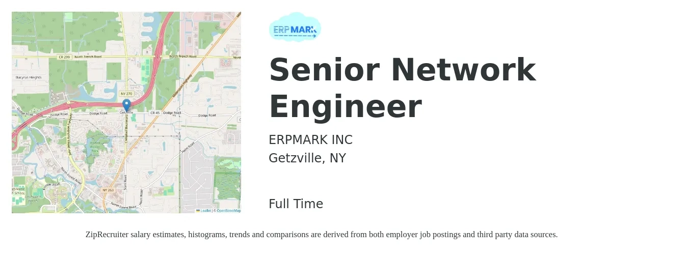 ERPMARK INC job posting for a Senior Network Engineer in Getzville, NY with a salary of $97,700 to $133,800 Yearly with a map of Getzville location.