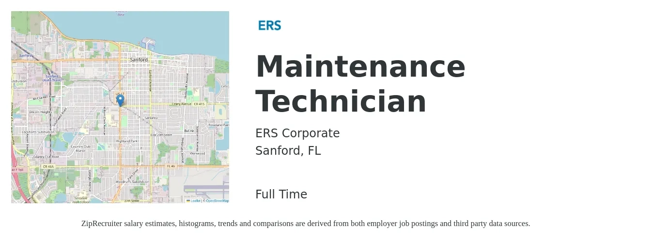 ERS Corporate job posting for a Maintenance Technician in Sanford, FL with a salary of $17 to $24 Hourly with a map of Sanford location.