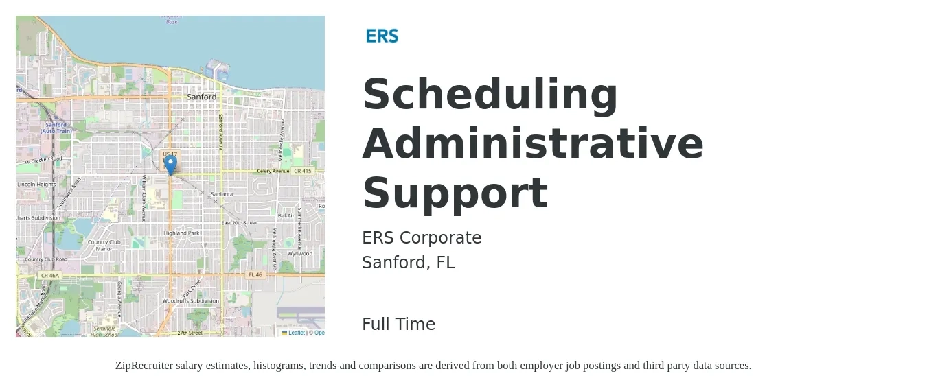 ERS Corporate job posting for a Scheduling Administrative Support in Sanford, FL with a salary of $37,800 to $64,000 Yearly with a map of Sanford location.