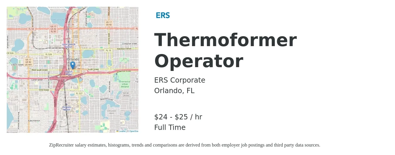 ERS Corporate job posting for a Thermoformer Operator in Orlando, FL with a salary of $25 to $27 Hourly with a map of Orlando location.