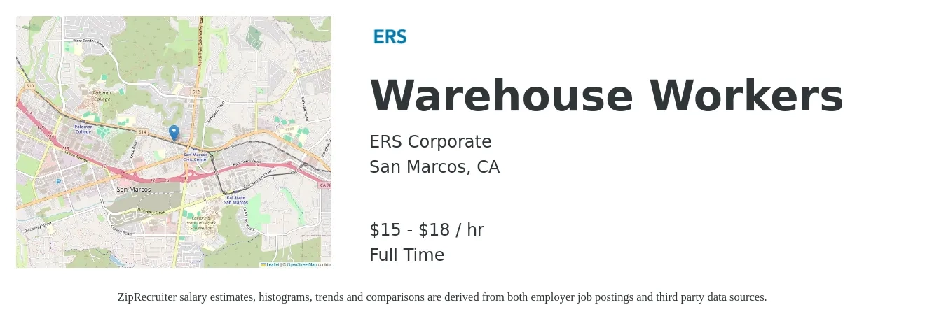 ERS Corporate job posting for a Warehouse Workers in San Marcos, CA with a salary of $16 to $19 Hourly with a map of San Marcos location.