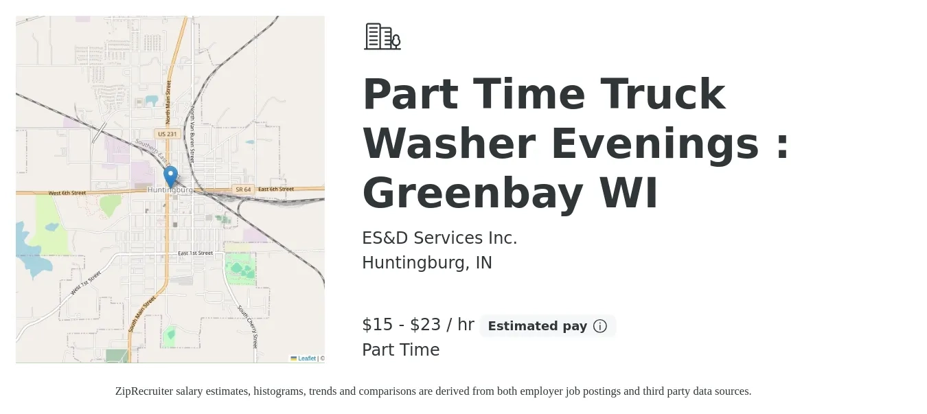 ES&D Services Inc. job posting for a Part Time Truck Washer Evenings : Greenbay WI in Huntingburg, IN with a salary of $16 to $24 Hourly with a map of Huntingburg location.