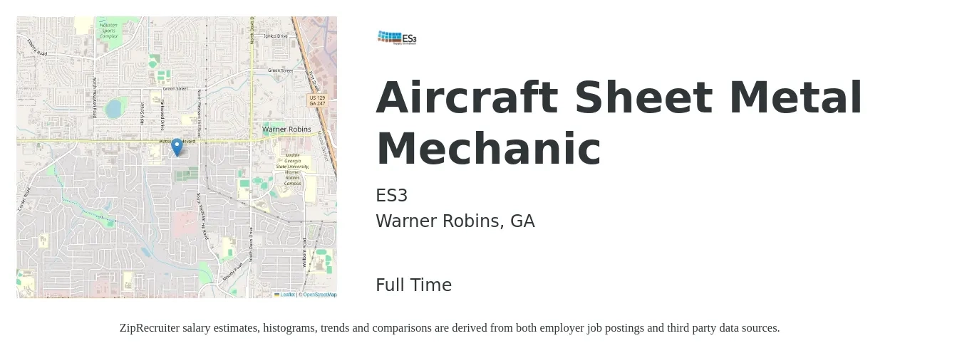ES3 job posting for a Aircraft Sheet Metal Mechanic in Warner Robins, GA with a salary of $23 to $30 Hourly with a map of Warner Robins location.