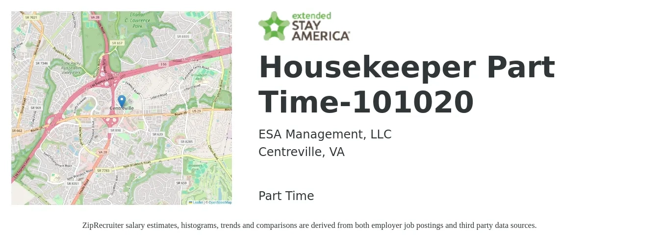 ESA Management, LLC job posting for a Housekeeper Part Time-101020 in Centreville, VA with a salary of $14 to $18 Hourly with a map of Centreville location.