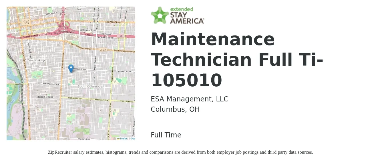 ESA Management, LLC job posting for a Maintenance Technician Full Ti-105010 in Columbus, OH with a salary of $18 to $26 Hourly with a map of Columbus location.