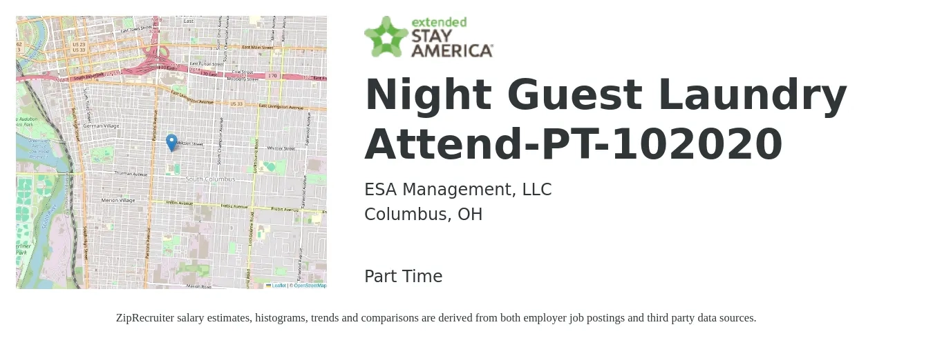 ESA Management, LLC job posting for a Night Guest Laundry Attend-PT-102020 in Columbus, OH with a salary of $12 to $18 Hourly with a map of Columbus location.