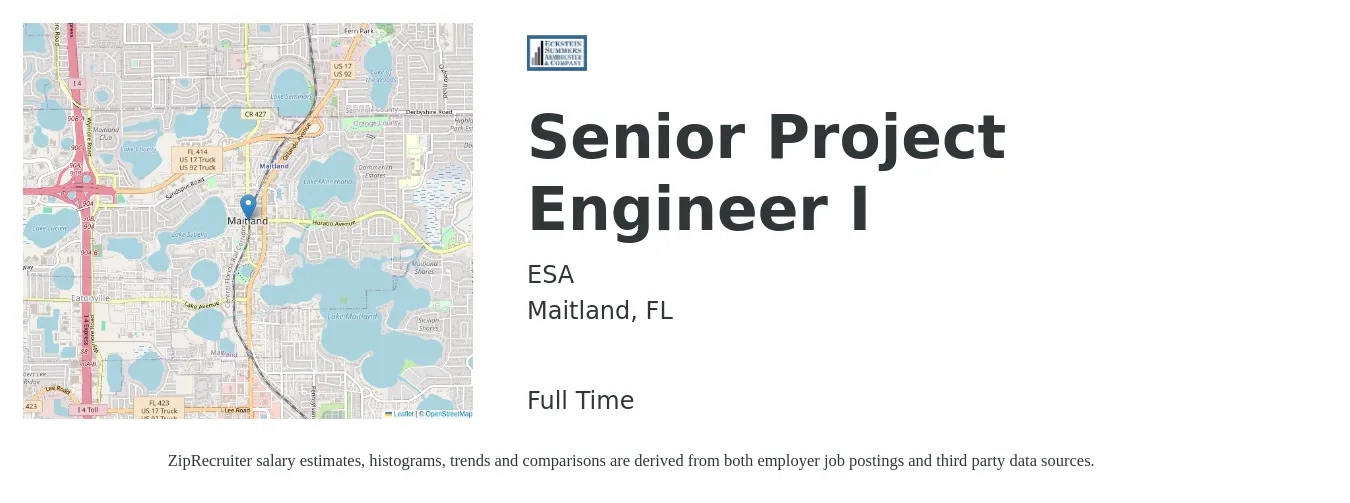 ESA job posting for a Senior Project Engineer I in Maitland, FL with a salary of $92,000 to $119,800 Yearly with a map of Maitland location.