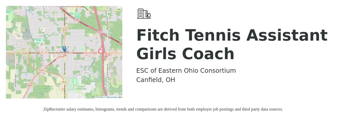 ESC of Eastern Ohio Consortium job posting for a Fitch Tennis Assistant Girls Coach in Canfield, OH with a salary of $14 to $19 Hourly with a map of Canfield location.
