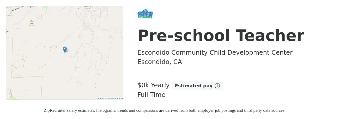 Escondido Community Child Development Center job posting for a Pre-school Teacher in Escondido, CA with a salary of $20 to $29 Yearly with a map of Escondido location.