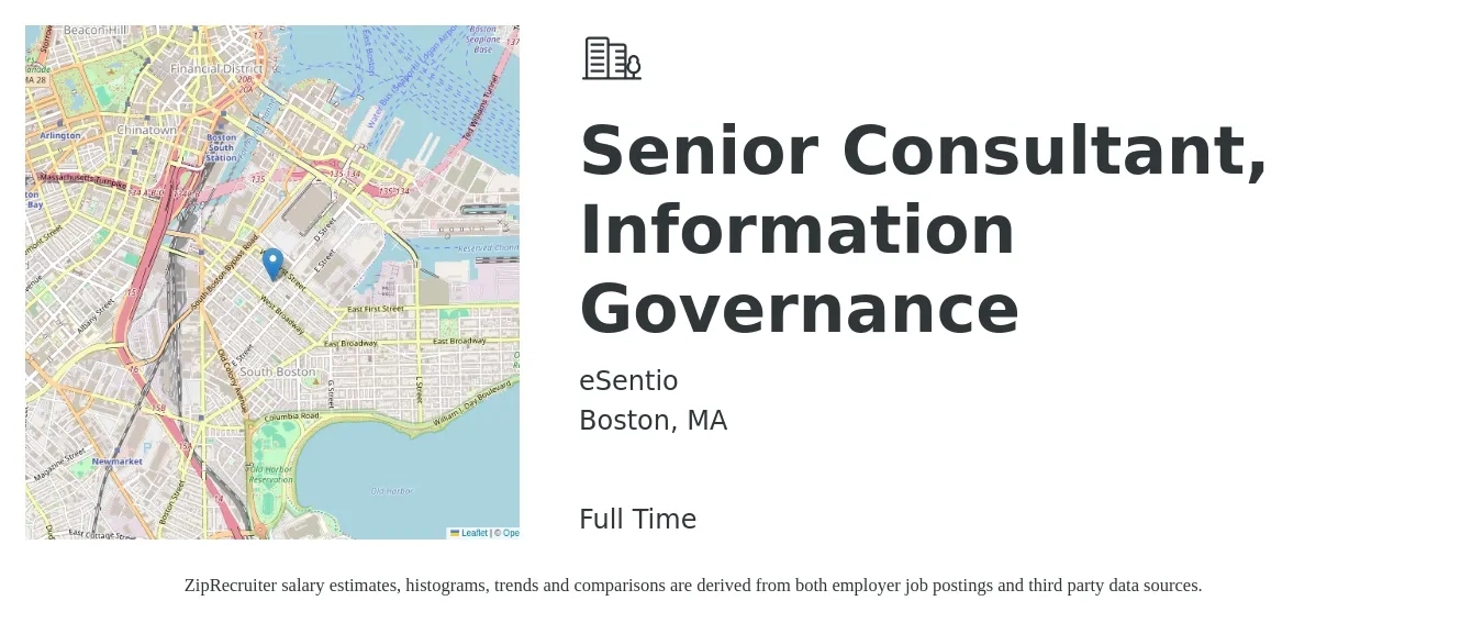 eSentio job posting for a Senior Consultant, Information Governance in Boston, MA with a salary of $95,300 to $150,400 Yearly with a map of Boston location.