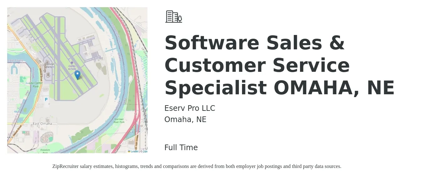 Eserv Pro LLC job posting for a Software Sales & Customer Service Specialist OMAHA, NE in Omaha, NE with a salary of $16 to $22 Hourly with a map of Omaha location.