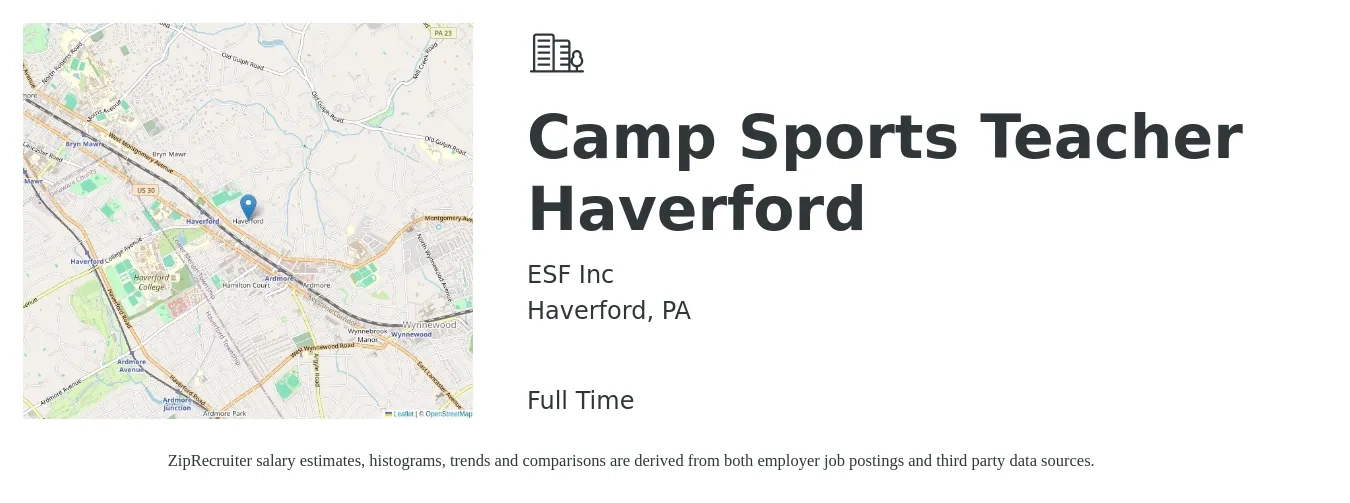 ESF Inc job posting for a Camp Sports Teacher Haverford in Haverford, PA with a salary of $16 to $21 Hourly with a map of Haverford location.