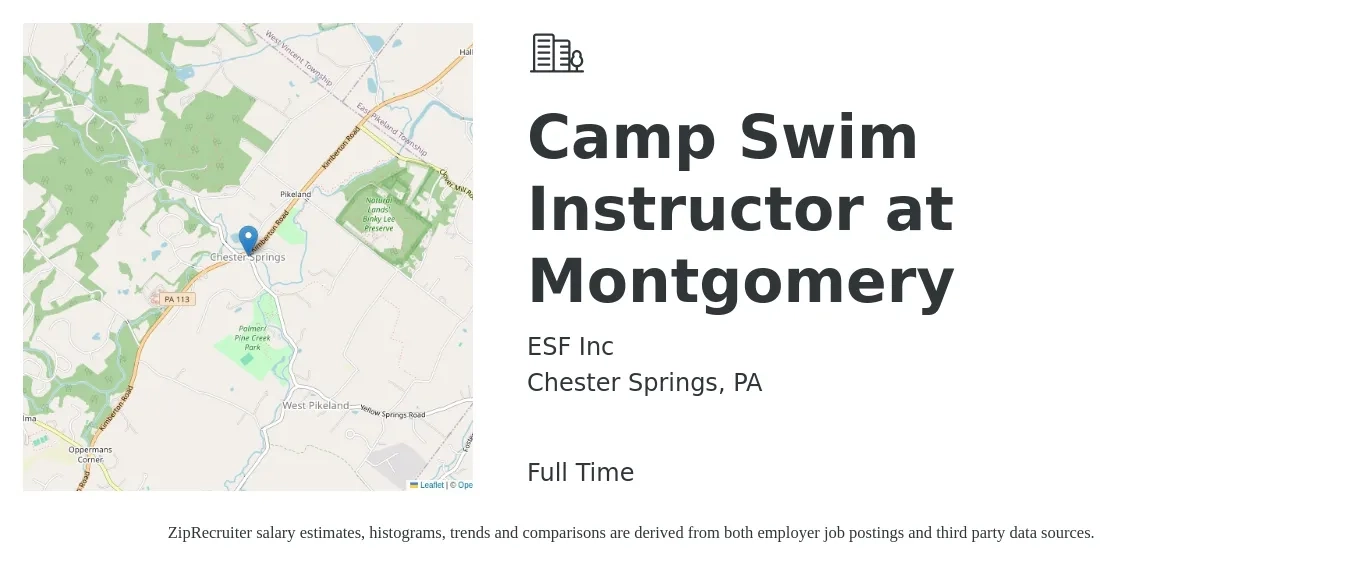 ESF Inc job posting for a Camp Swim Instructor at Montgomery in Chester Springs, PA with a salary of $14 to $21 Hourly with a map of Chester Springs location.