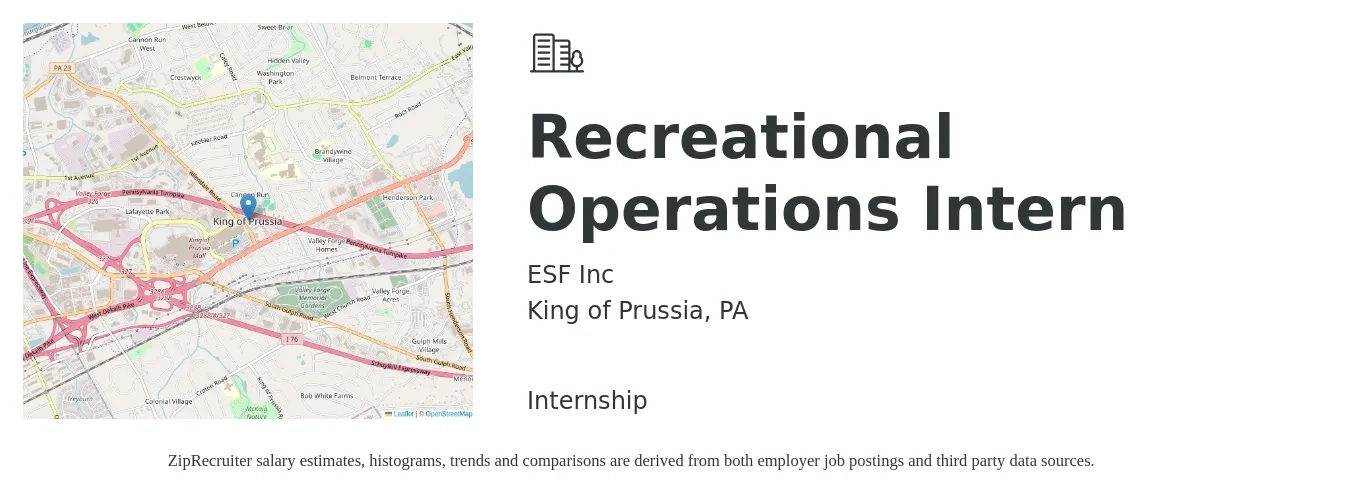 ESF Inc job posting for a Recreational Operations Intern in King of Prussia, PA with a salary of $15 to $20 Hourly with a map of King of Prussia location.
