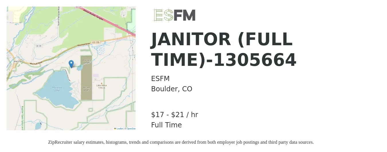 ESFM job posting for a JANITOR (FULL TIME)-1305664 in Boulder, CO with a salary of $18 to $23 Hourly with a map of Boulder location.