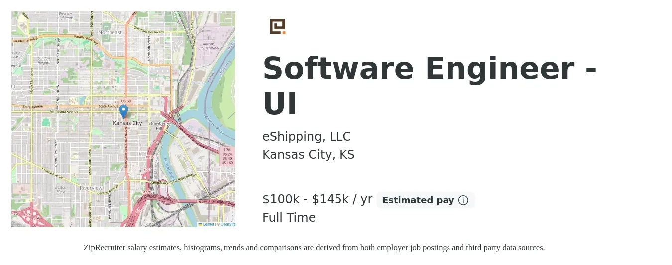 eShipping, LLC job posting for a Software Engineer - UI in Kansas City, KS with a salary of $100,000 to $145,000 Yearly with a map of Kansas City location.