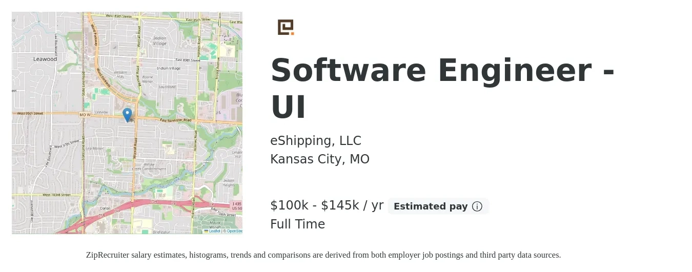 eShipping, LLC job posting for a Software Engineer - UI in Kansas City, MO with a salary of $100,000 to $145,000 Yearly with a map of Kansas City location.