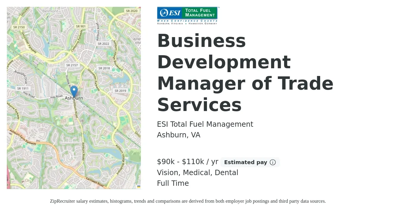 ESI Total Fuel Management job posting for a Business Development Manager of Trade Services in Ashburn, VA with a salary of $90,000 to $110,000 Yearly and benefits including retirement, vision, dental, medical, and pto with a map of Ashburn location.