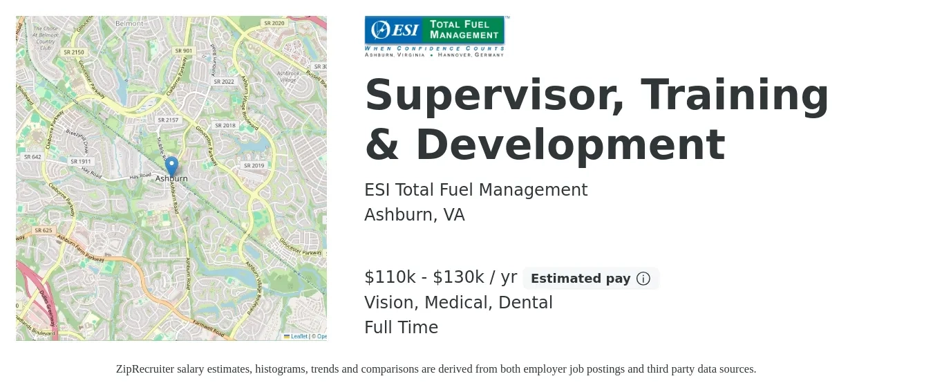 ESI Total Fuel Management job posting for a Supervisor, Training & Development in Ashburn, VA with a salary of $110,000 to $130,000 Yearly and benefits including pto, retirement, vision, dental, and medical with a map of Ashburn location.