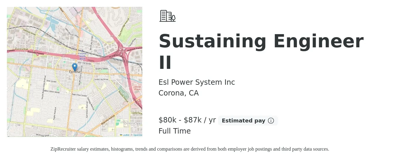 Esl Power System Inc job posting for a Sustaining Engineer II in Corona, CA with a salary of $80,665 to $87,619 Yearly with a map of Corona location.
