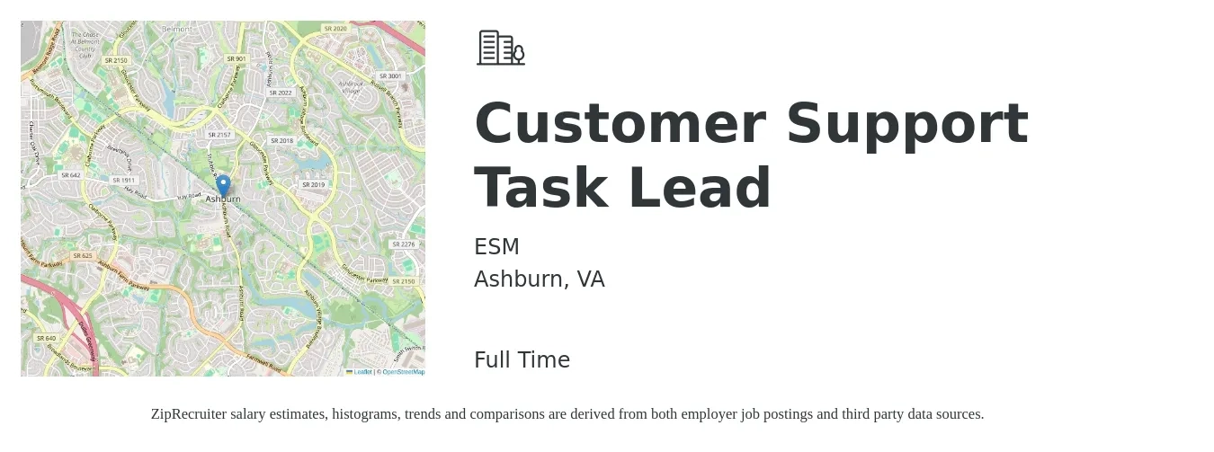 ESM job posting for a Customer Support Task Lead in Ashburn, VA with a salary of $19 to $27 Hourly with a map of Ashburn location.