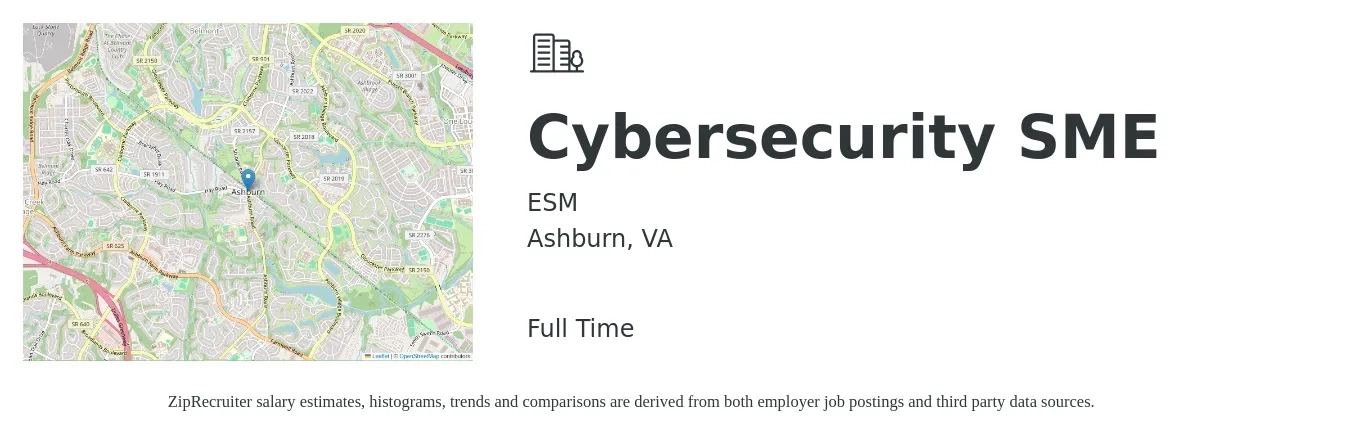 ESM job posting for a Cybersecurity SME in Ashburn, VA with a salary of $81,300 to $118,100 Yearly with a map of Ashburn location.