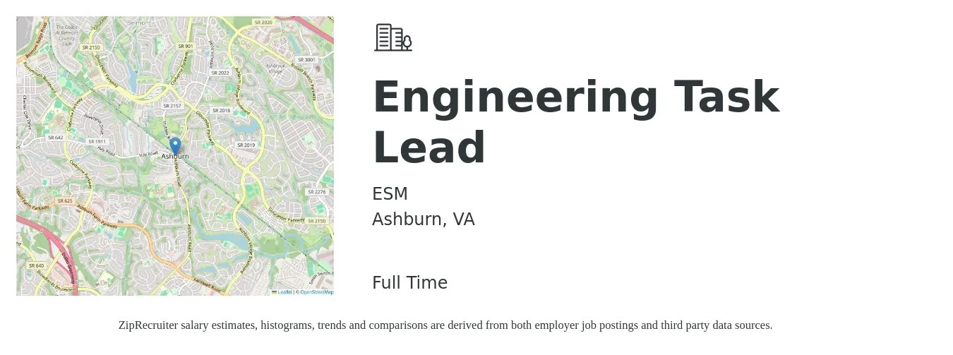 ESM job posting for a Engineering Task Lead in Ashburn, VA with a salary of $104,800 to $138,100 Yearly with a map of Ashburn location.