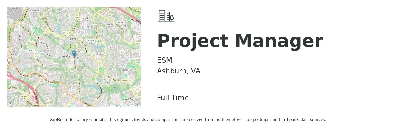 ESM job posting for a Project Manager in Ashburn, VA with a salary of $80,300 to $125,800 Yearly with a map of Ashburn location.
