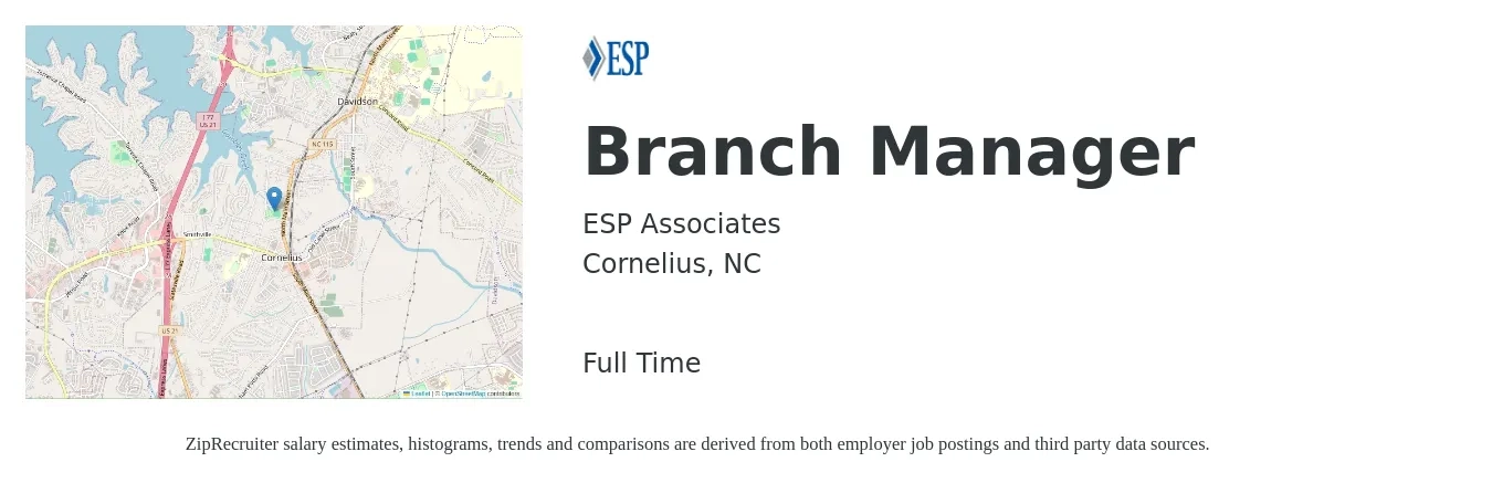 ESP Associates job posting for a Branch Manager in Cornelius, NC with a salary of $52,700 to $79,600 Yearly with a map of Cornelius location.