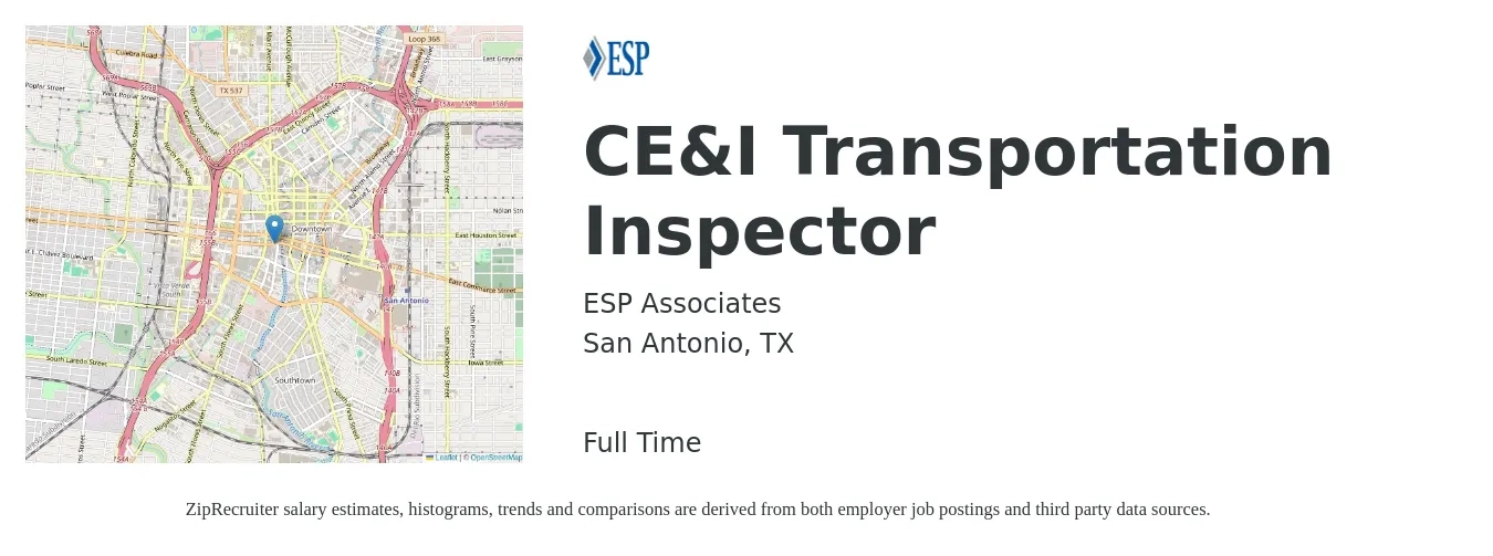 ESP Associates job posting for a CE&I Transportation Inspector in San Antonio, TX with a salary of $43,800 to $69,000 Yearly with a map of San Antonio location.