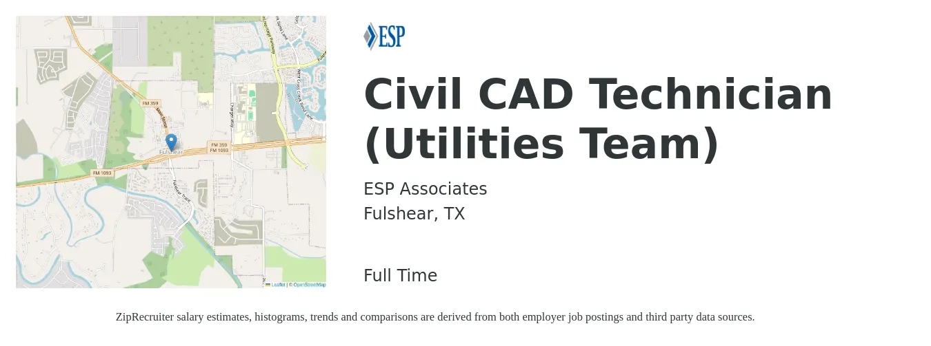 ESP Associates job posting for a Civil CAD Technician (Utilities Team) in Fulshear, TX with a salary of $20 to $28 Hourly with a map of Fulshear location.