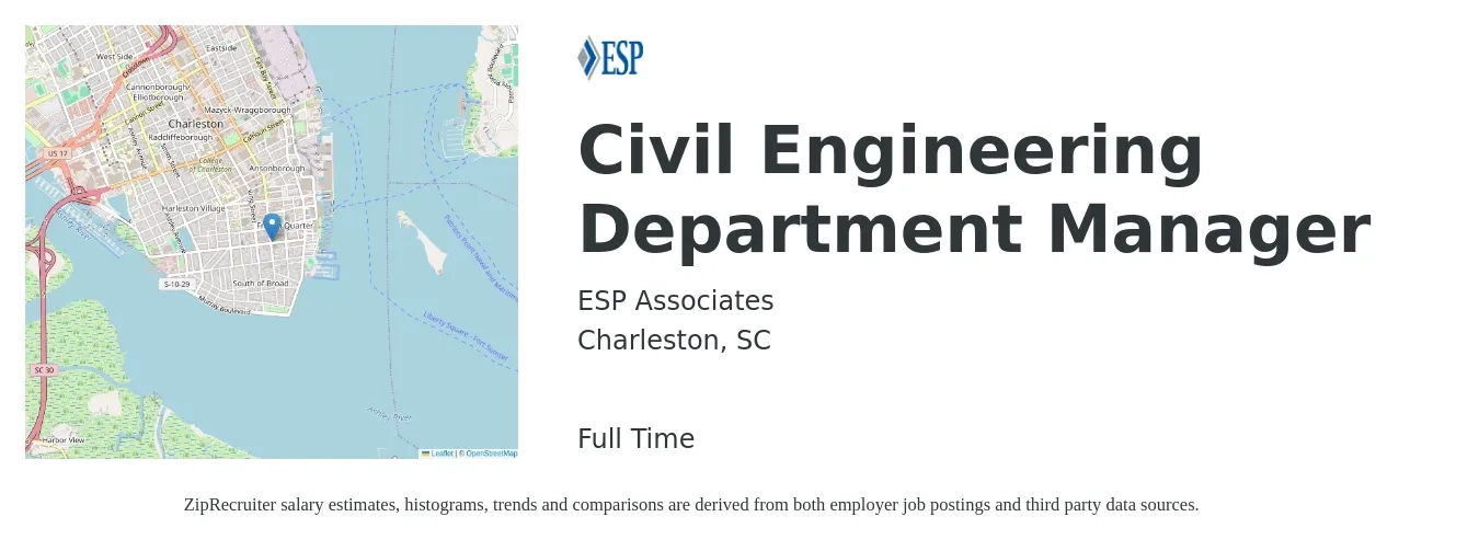 ESP Associates job posting for a Civil Engineering Department Manager in Charleston, SC with a salary of $92,200 to $119,800 Yearly with a map of Charleston location.