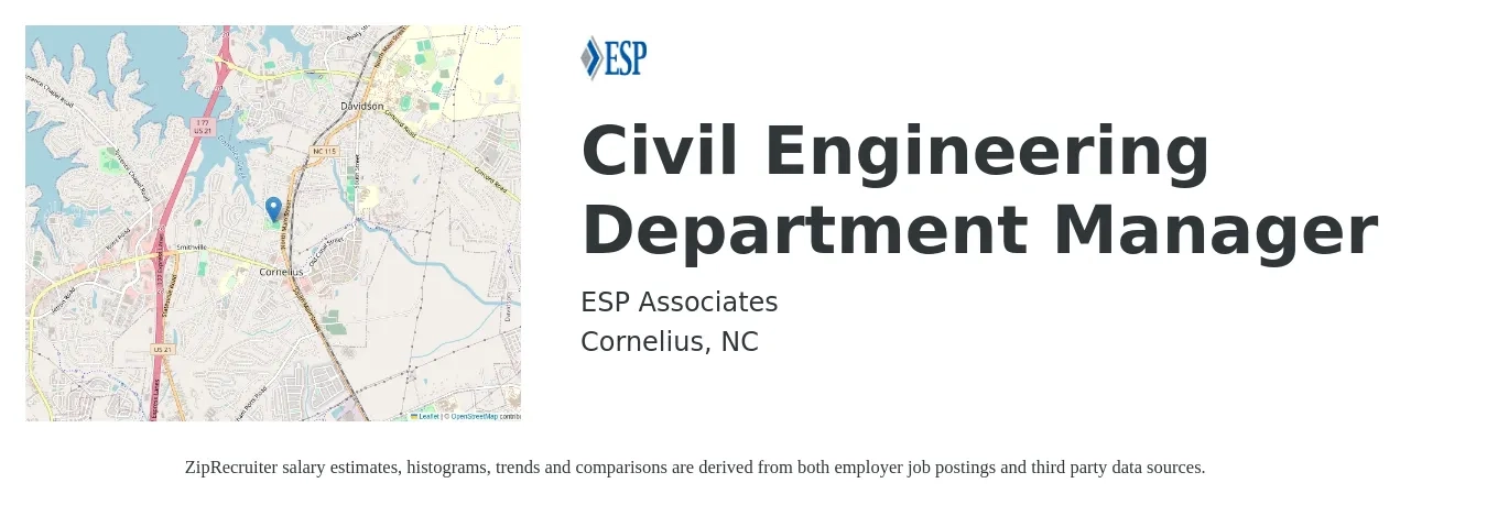 ESP Associates job posting for a Civil Engineering Department Manager in Cornelius, NC with a salary of $91,100 to $118,400 Yearly with a map of Cornelius location.