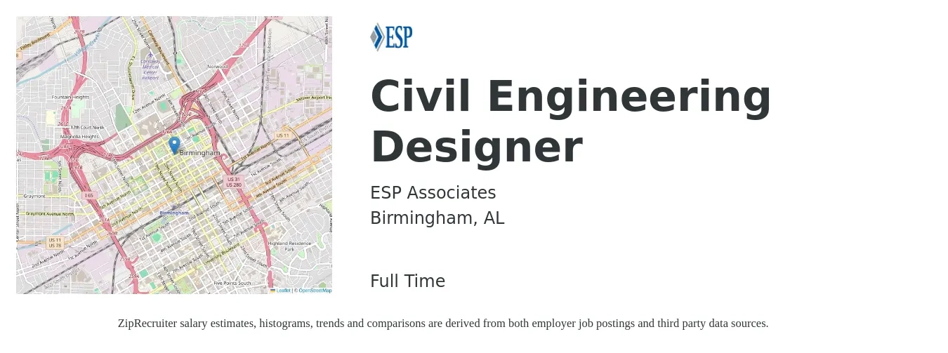 ESP Associates job posting for a Civil Engineering Designer in Birmingham, AL with a salary of $66,900 to $93,900 Yearly with a map of Birmingham location.