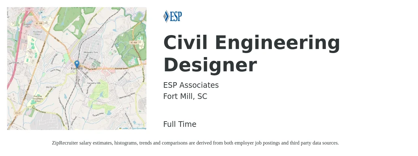 ESP Associates job posting for a Civil Engineering Designer in Fort Mill, SC with a salary of $58,900 to $82,600 Yearly with a map of Fort Mill location.