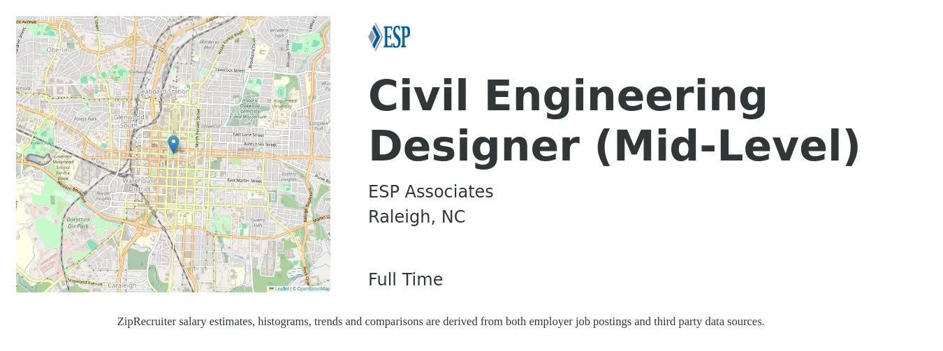 ESP Associates job posting for a Civil Engineering Designer (Mid-Level) in Raleigh, NC with a salary of $59,200 to $83,000 Yearly with a map of Raleigh location.