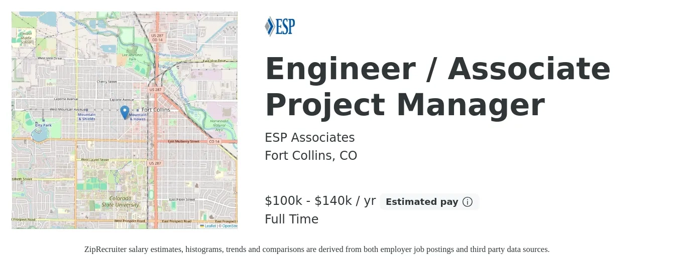ESP Associates job posting for a Engineer / Associate Project Manager in Fort Collins, CO with a salary of $100,000 to $140,000 Yearly with a map of Fort Collins location.