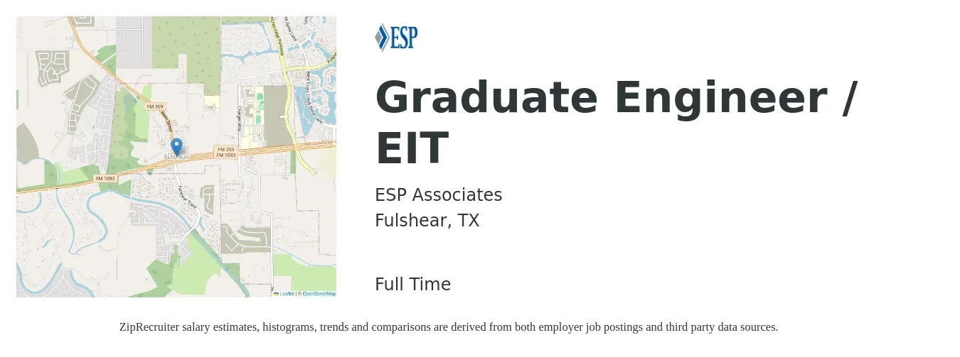 ESP Associates job posting for a Graduate Engineer / EIT in Fulshear, TX with a salary of $45,900 to $65,800 Yearly with a map of Fulshear location.