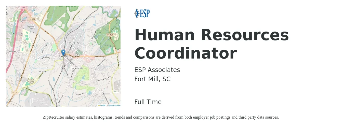 ESP Associates job posting for a Human Resources Coordinator in Fort Mill, SC with a salary of $18 to $24 Hourly with a map of Fort Mill location.