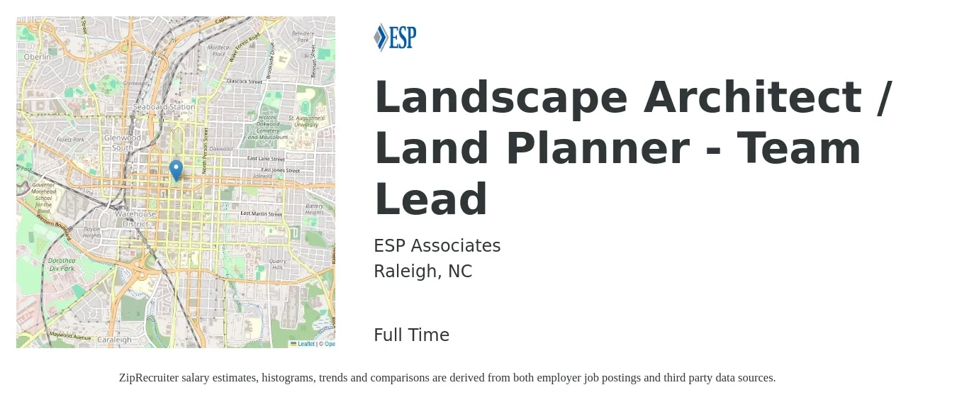 ESP Associates job posting for a Landscape Architect / Land Planner - Team Lead in Raleigh, NC with a salary of $60,900 to $83,900 Yearly with a map of Raleigh location.