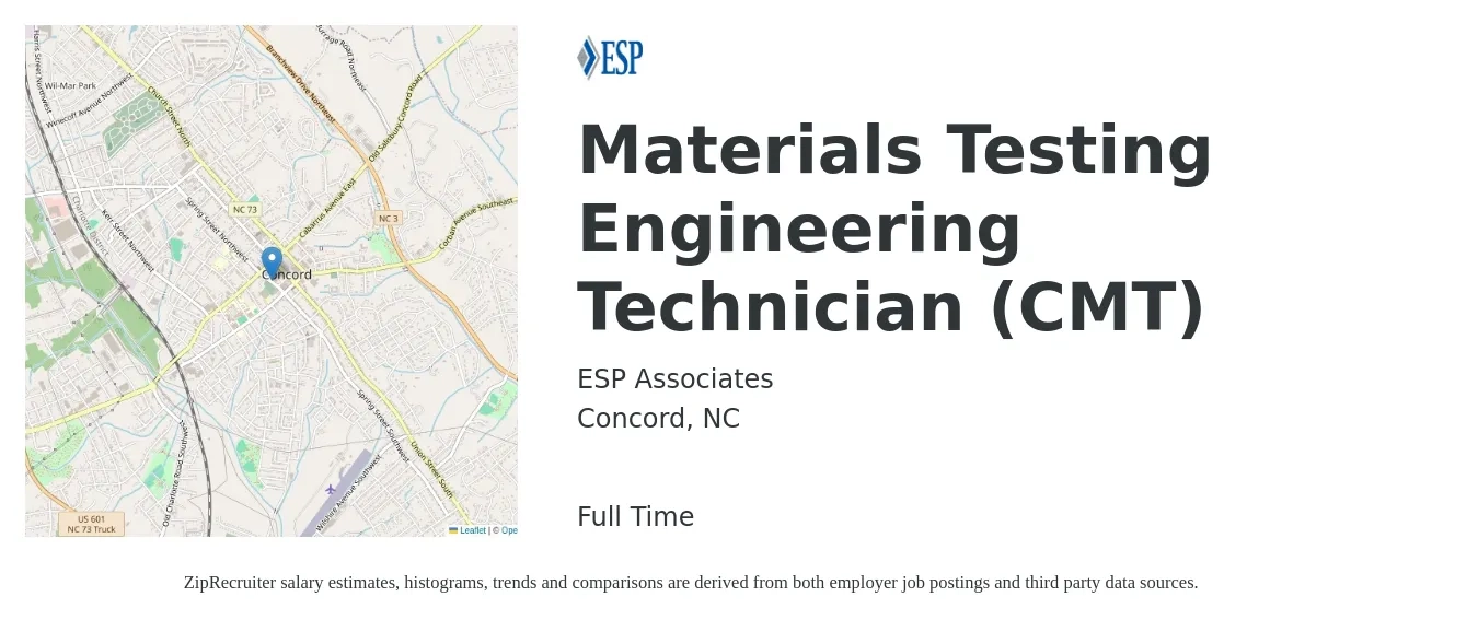 ESP Associates job posting for a Materials Testing Engineering Technician (CMT) in Concord, NC with a salary of $18 to $31 Hourly with a map of Concord location.