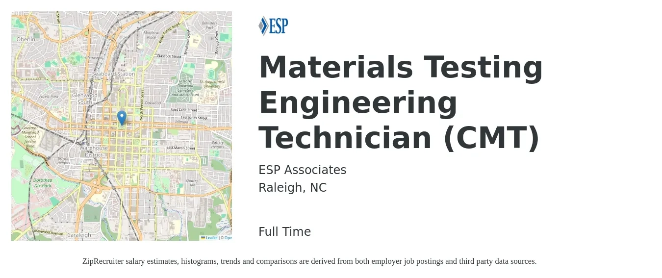 ESP Associates job posting for a Materials Testing Engineering Technician (CMT) in Raleigh, NC with a salary of $18 to $30 Hourly with a map of Raleigh location.