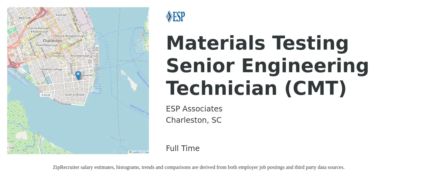 ESP Associates job posting for a Materials Testing Senior Engineering Technician (CMT) in Charleston, SC with a salary of $26 to $37 Hourly with a map of Charleston location.