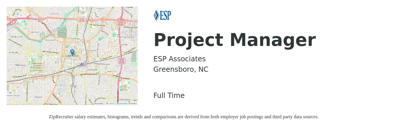 ESP Associates job posting for a Project Manager in Greensboro, NC with a salary of $76,100 to $119,200 Yearly with a map of Greensboro location.
