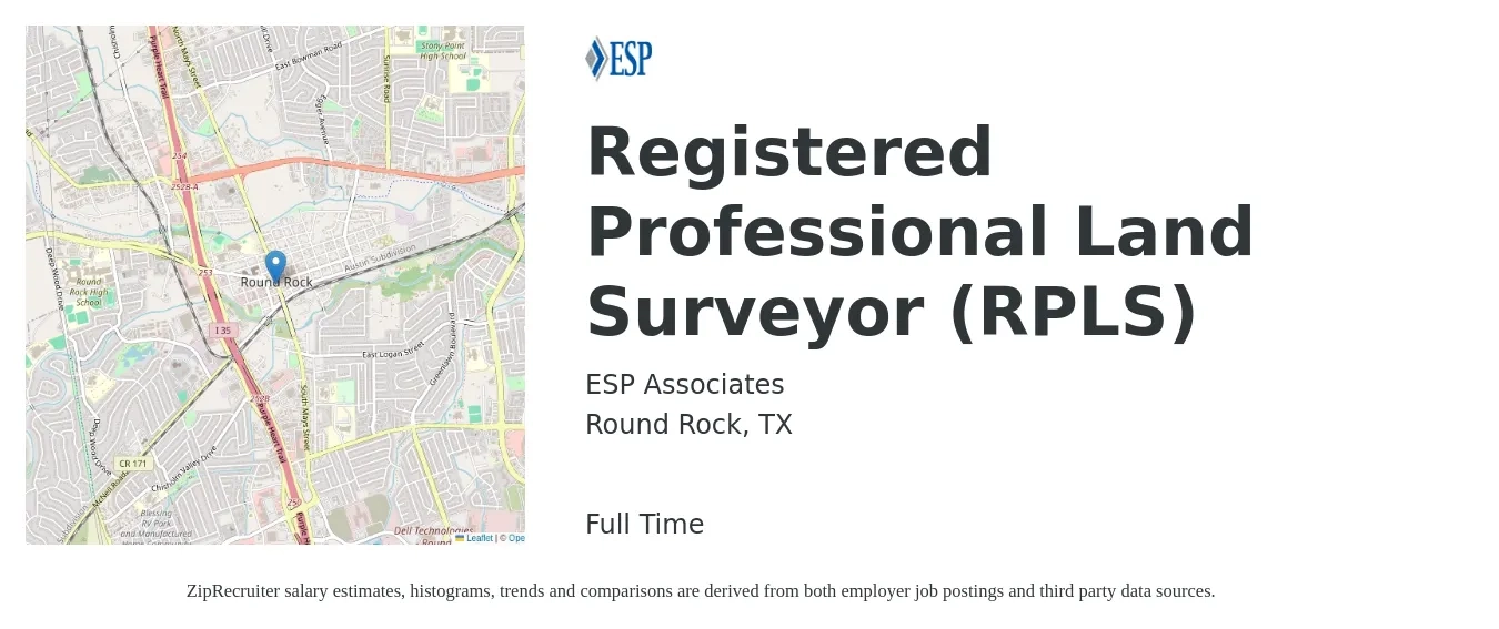 ESP Associates job posting for a Registered Professional Land Surveyor (RPLS) in Round Rock, TX with a salary of $49,000 to $85,300 Yearly with a map of Round Rock location.