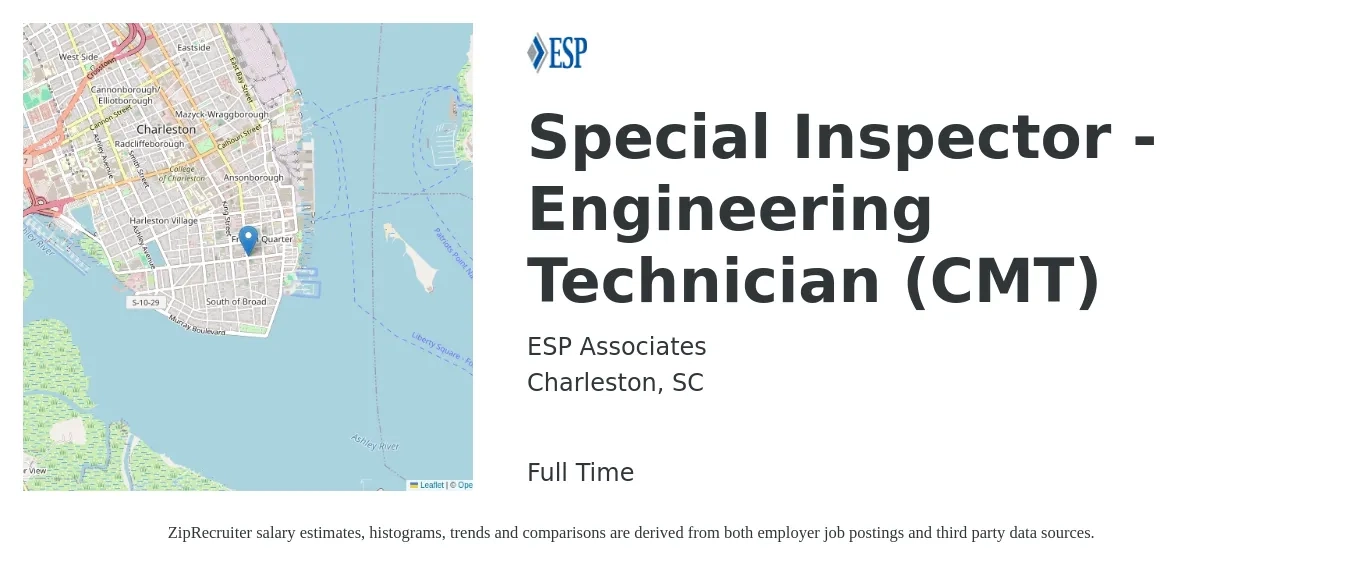 ESP Associates job posting for a Special Inspector - Engineering Technician (CMT) in Charleston, SC with a salary of $48,700 to $65,500 Yearly with a map of Charleston location.