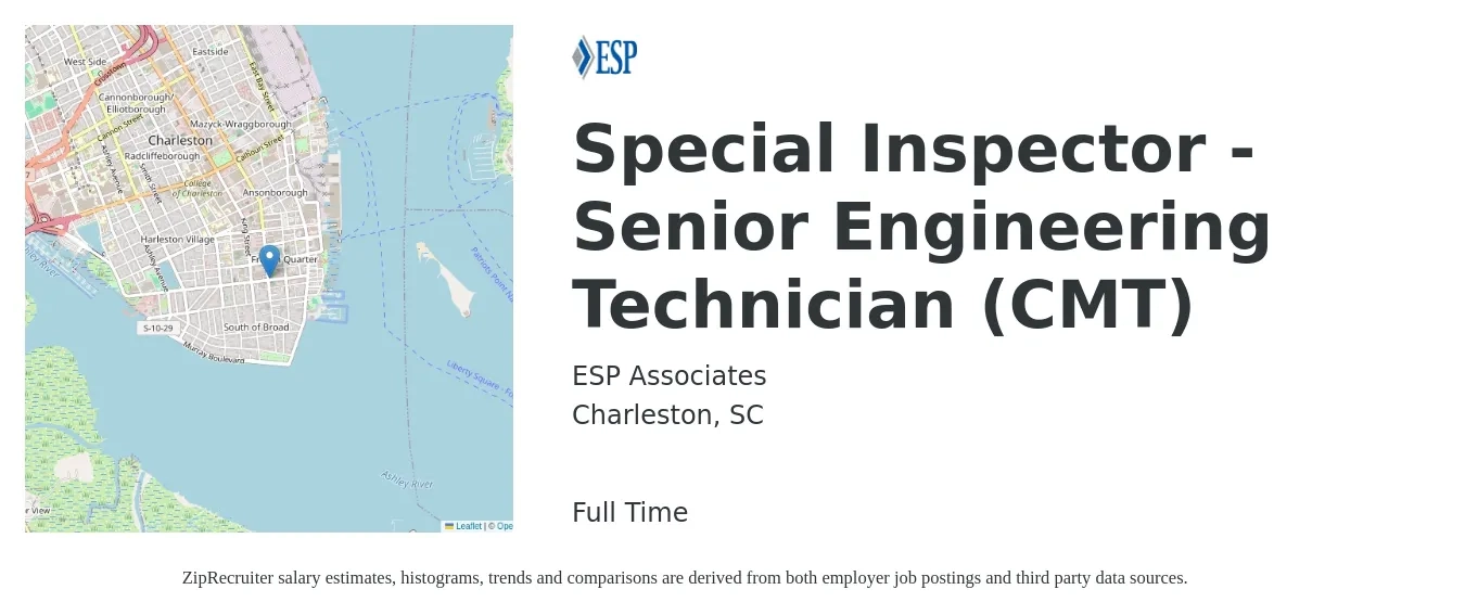 ESP Associates job posting for a Special Inspector - Senior Engineering Technician (CMT) in Charleston, SC with a salary of $26 to $37 Hourly with a map of Charleston location.