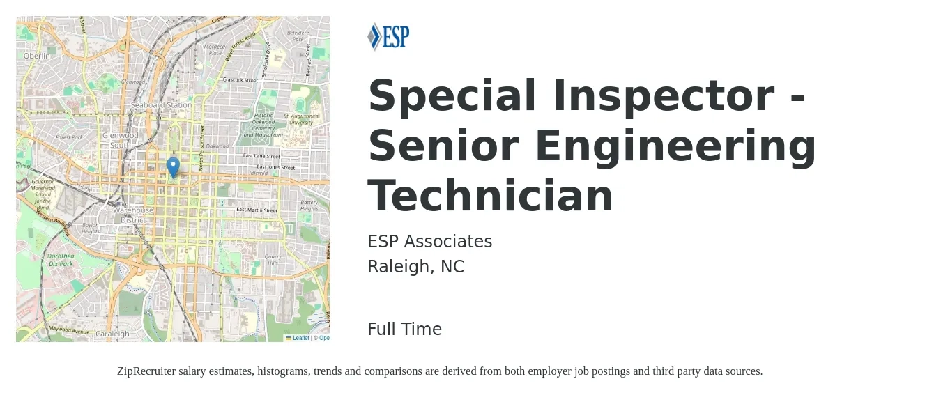 ESP Associates job posting for a Special Inspector - Senior Engineering Technician in Raleigh, NC with a salary of $24 to $35 Hourly with a map of Raleigh location.