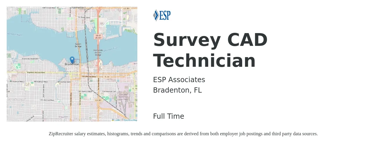 ESP Associates job posting for a Survey CAD Technician in Bradenton, FL with a salary of $20 to $29 Hourly with a map of Bradenton location.