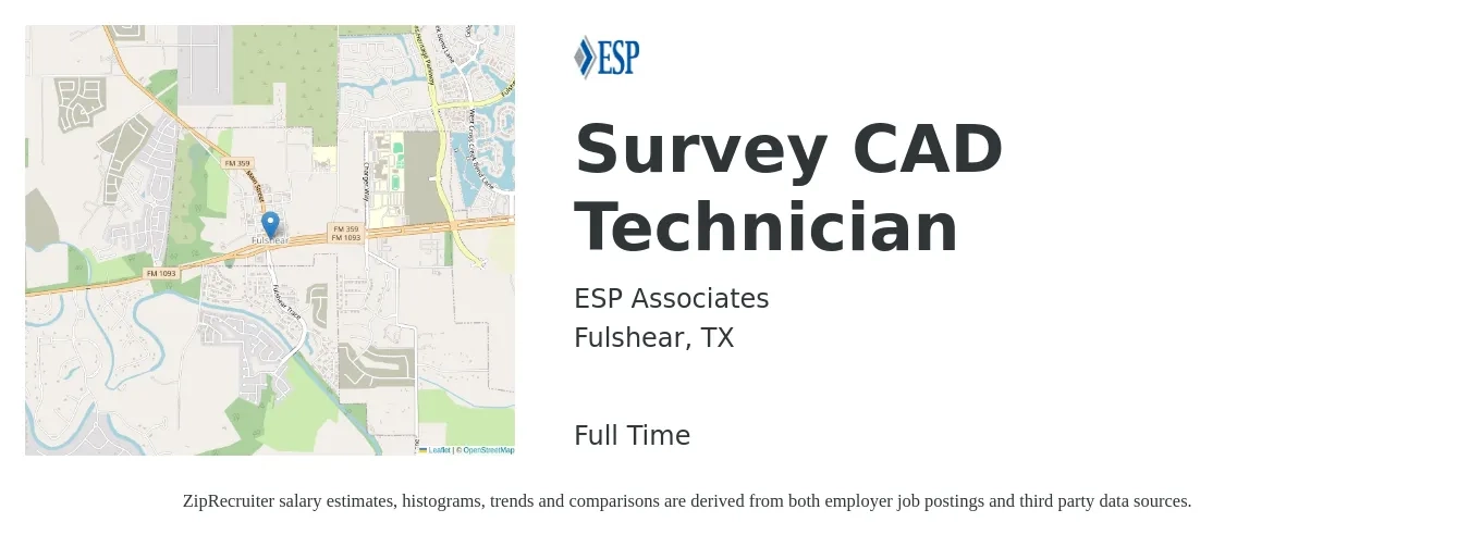 ESP Associates job posting for a Survey CAD Technician in Fulshear, TX with a salary of $20 to $28 Hourly with a map of Fulshear location.